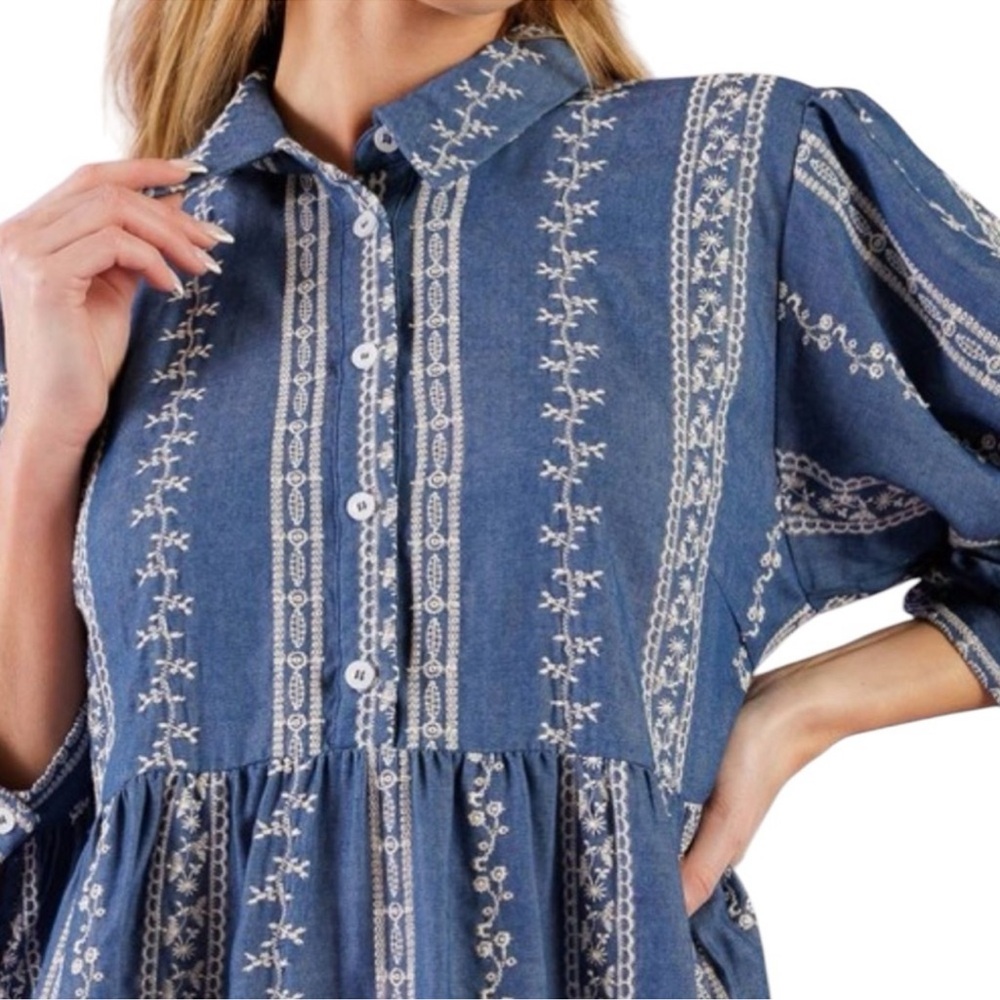New flying tomato large Blue floral embroidered Patterned Women's Dress - Picture 2 of 5